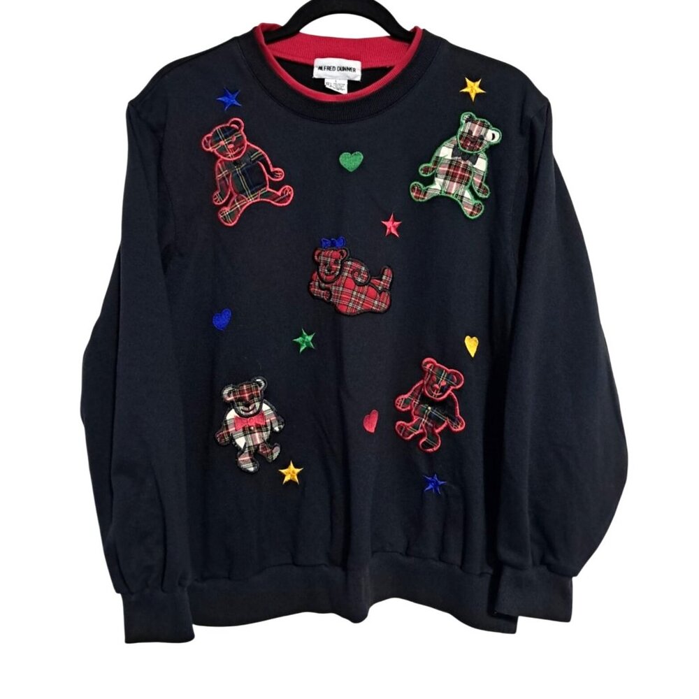 Vintage 90a Alfred Dunner Sweatshirt L Plaid Teddy Bear Applique & Red Trim Coll